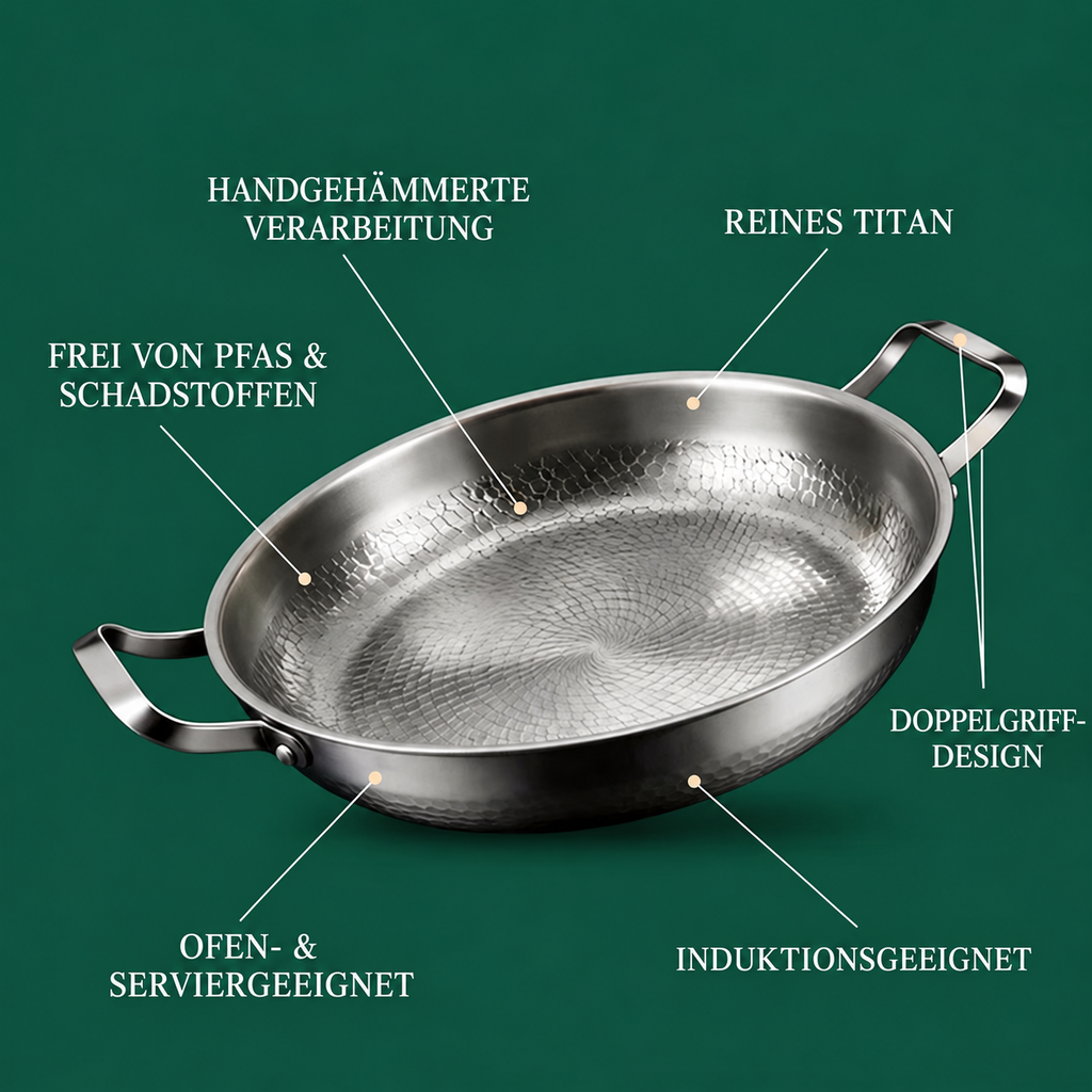 Titanpfanne mit Doppelgriff 30 cm – handgehämmert